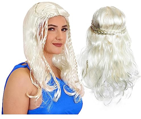 Dragon Queen Perücke – Damenperücke mit Zöpfen und Thronen, Silber, Gold, Blond, Cosplay, Halloween-Kostüm
