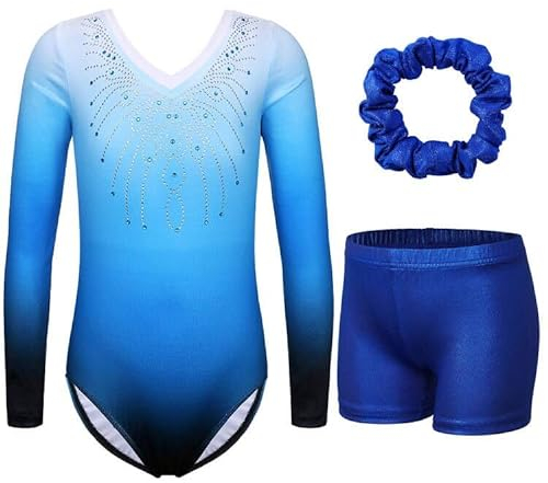 ZNYUNE Mädchen Turnanzug mit Hose Haarband Set Gymnastikanzug Kinder Shorts Trikot Turnen Ärmellos/Langarm Kleidung klassisch Turnbody B152 Blue 8A