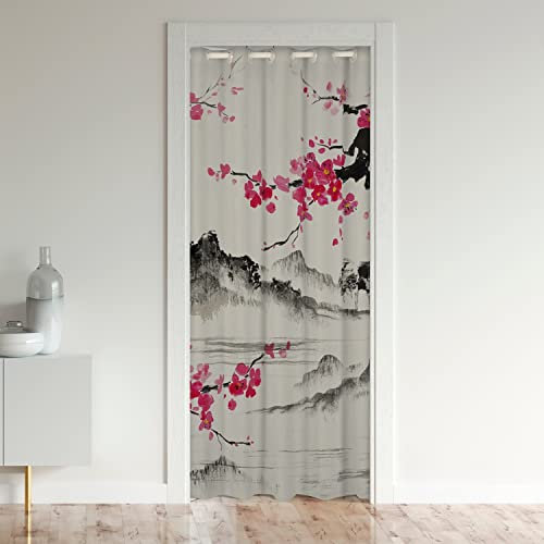 Style Japonais Rideau de Porte 132x203cm Japonais Ukiyo Rideaux Interieur Salon Chambre Rideaux Exterieur d'entrée Sakura Fleurs Traditionnelle Retro Rose Décor Rideau Occultant