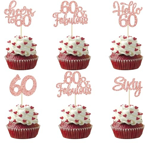 30Pcs Happy 60th Birthday Cupcake Toppers Rose Gold Glitter Sixty Cake Toppers Cheers to 60 Years Old Birthday Cupcake Picks for 60th Birthday Anniversary Party Cake Decorations Supplies
