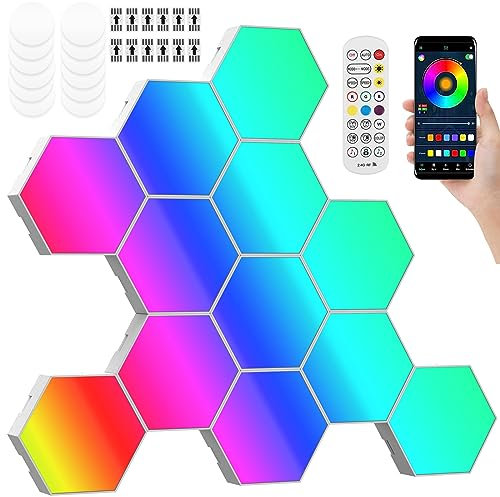 BOBASH Panneau LED RGB Lampe Gaming, Hexagone LED RGBIC, App Télécommande, DIY Géométrique Veilleuse, Panneau LED Hexagone Gaming Murale Lampe pour Salon, Chambre et Salles Gaming (88*78*18mm, 12pcs)