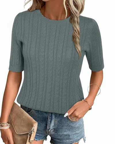 Arach&Cloz Jumpers for Women UK Short Sleeve Summer Tops Casual Blouse Shirt Knitted Sweater Fall Winter Basic Top Grey Green
