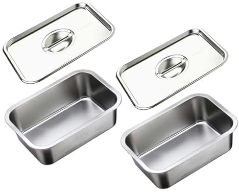 GRFELI Edelstahlpfannen mit Deckel, Dampftischpfanne, Edelstahl-Behälter-Set, stapelbare Metalldampfgarpfanne (32 * 22 * 10cm(Behälter-2+Deckel-2))