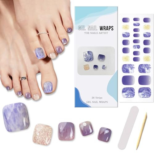 Boloshine Semi Cured Gel Toenail Strips, 26PCS Full Cover Self Adhesive Toe Nail Polish Strips Manicure Stickers, Salon-Quality Long Lasting Pedi Nail Wrap (Dreamy Violet)