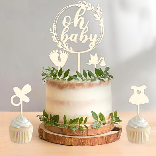 DazzJoy Oh Baby Cake Topper Holz, 5 Stück Torten Deko für Babyparty, Taufe, Gender Reveal Party - Tortendeko für Baby Shower