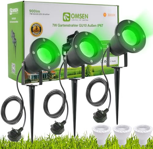 OMSEN Garden Spotlights Mains Powered GU10 7 W Green Light 3000K Replaceable GU10 Bulbs, Aluminium, Waterproof IP67, Outdoor Spike Spotlight for Garden, Tree, Plants, Flower, Fence, Lawn, 3 Pieces