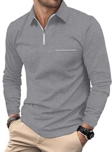 HMIYA Herren Poloshirt-Langarm Poloshirt aus Baumwolle Atmungsaktiv Casual T-Shirt mit Tasche,Hellgrau,M