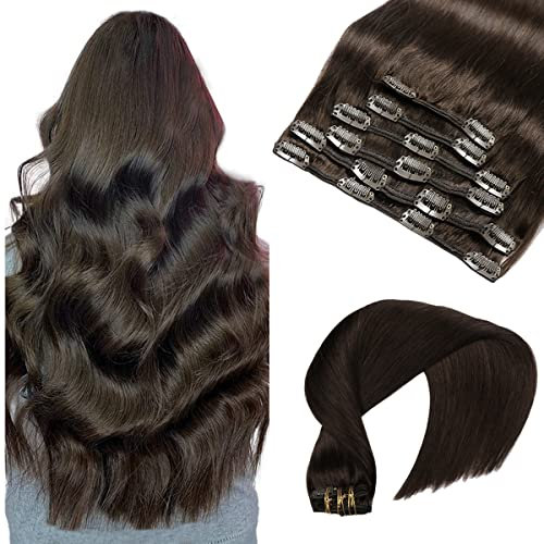 VINBAO Clip-in Haarverlängerung Echthaar - Langes Gerades Haar #2 Dunkelstes Braun - Doppelschuss 20 Zoll 6 Stück 120g (#2,50cm)