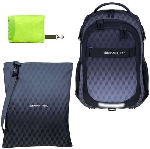 Schulrucksack Jungen Mädchen ab 3. Klasse Schule Tasche Brustgurt Schultasche Rucksack mit Sportbeutel Attach Bag und Regenhülle Premium 3 Teile Set Auswahl rtp (Black Cube 12868)
