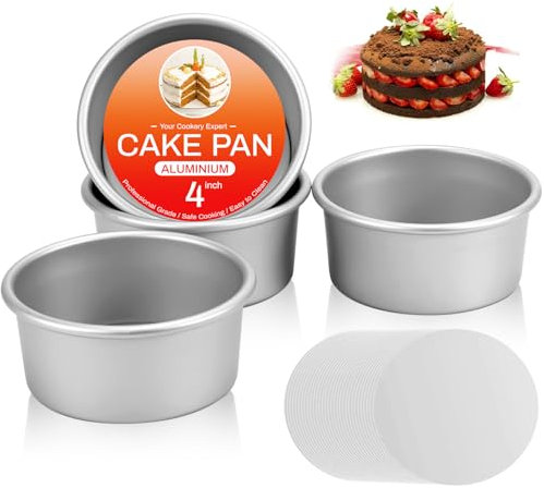 OAMCEG 4 Inch Mini Cake Tin Set of 4 - Non-Stick Aluminium Round Baking Pans with 50 Liners - Loose Bottom Tins for Cheesecake, Sponge, Cupcakes, Birthday Treats
