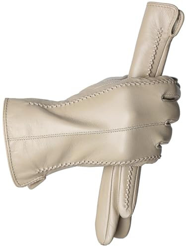 Damen-Handschuhe aus echtem Leder und Velours, für kaltes Wetter, farbige Lederhandschuhe, kurze Handschuhe, Beige Standard, 7.5