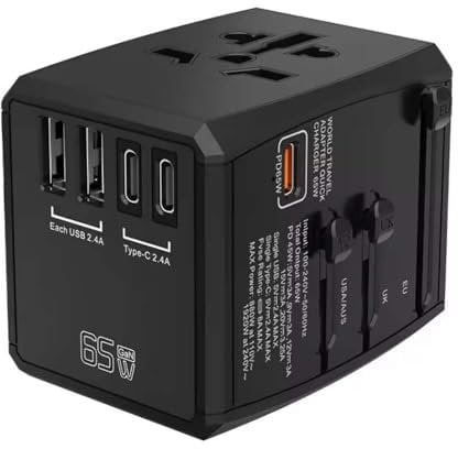 REFLEX POWER Universal Travel Adapter & GaN Charger, 65W PD Worldwide USB C - C charger, 2 USB-A & 3 USB-C Ports, International Travel Adapter for UK/EU/USA/AUS, compatible with iPhone 16/15/14 & iPad