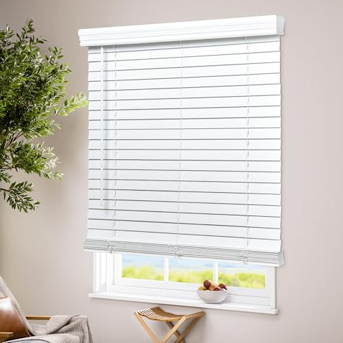 LazBlinds Tende a rullo in finto legno da 5 cm, con mantovana a corona, senza fili, per finestre, oscuranti, orizzontali, 86,4 x 152,4 cm (larghezza x altezza), bianco con venature del legno