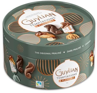 GuyLian Temptations Weihnachtsdose, 175g, Geschenkbox Metalldose mit 12 Belgischen Pralinen in 6 Sorten, Fairtrade zertifiziert, Weihnachtliche Verpackung aus Belgien für die Adventszeit