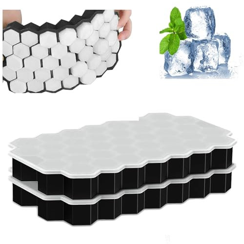 Black Ice Cube Molds 37 Hexagonal for Freezer Ice Cube Tray with Lid, 2 Pcs Silicone Ice Cube Moulds, Small Ice Cube Trays, Each Makes Ice Cubes Silicone for Chilled Drinks, Whiskey, Cocktail