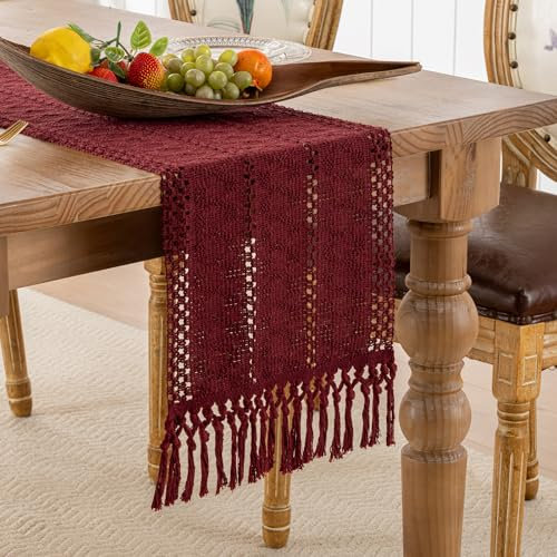 Tischläufer Boho Baumwoll Makramee Tischläufer Leinen Rustikale Tischdeko mit Landhausstil Rechteckige Tischdecke Gestrickt für Boho Tischdeko 30x140cm Rot