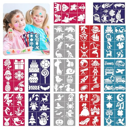 HOWAF Plantillas de Tatuajes Temporales Niños, 110 Plantilla de Pinturas Cara Niños Tatuajes Purpurina Plantillas Pintacaras Infantil para Halloween Maquillaje Carnaval Cumpleaños
