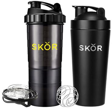SKOR Protein Shaker Bottles | 28oz Stainless Steel Blender Shaker Bottle Cup for Gym Protein Shake & Smoothie Cup | with 22oz BPA-Free PP Protein Shaker Bottle with Whisks and Powder Compartments