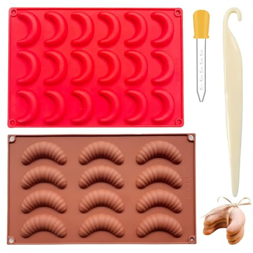 Vanillekipferl Backform Silikon,2 Stück Vanille Kipferl Form,Backform Vanillekipferl,für Schokolade,Kekse und Bonbons,mit 1 Entformungsmesser und 1 Lebensmitteltropfer Enthalten