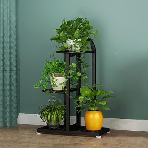 acfeco Blumenständer Metall mit 4 Etagen, Blumenregal Schwarz Modern, Blumentopfständer Pflanzenständer Innen, Eck Pflanzenregal Hoch 68cm für Wohnzimmer Schlafzimmer Bücherzimmer Balkon