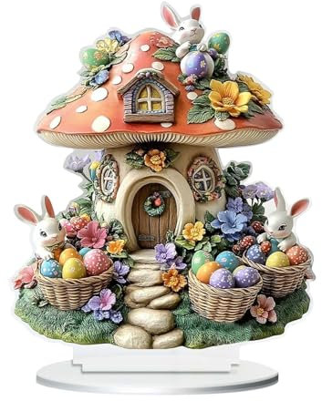 Osterdeko Pilzhaus mit Ostereier und Hase Aufsteller, 2D Osterhase Pilzhaus Dekoration aus Acryl, Osterhase Pilzhaus Dekoaufsteller Frühling Osterdeko zum Hinstellen, Osterfigur Desktop Ornament (A)
