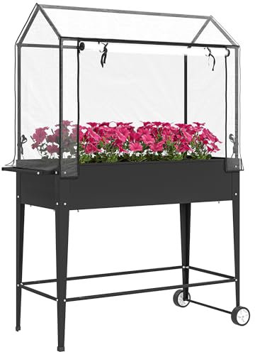 Outsunny Huerto cuadrado sobre patas con lámina de PVC, jardinera elevada con ruedas, puerta enrollable con cremallera y orificio de drenaje, mini invernadero para hortalizas, flores, hierbas