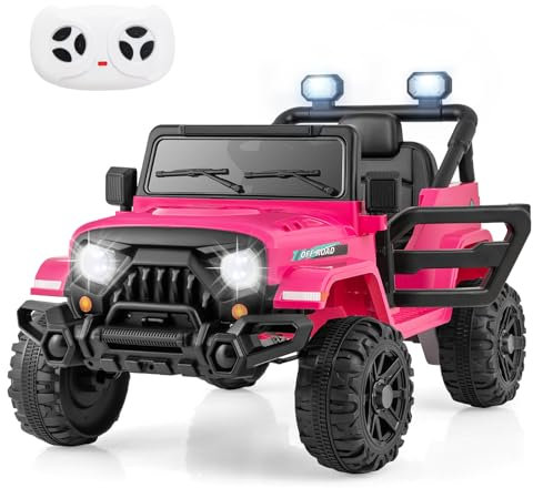 Maxmass 12V Kids Electric Ride on Car, Battery Powered Electric Vehicle with Remote Control, Lights, Music, Horn, Wireless Connection, Children Toy Car Off Road Truck for 3+ Years Old (Pink)