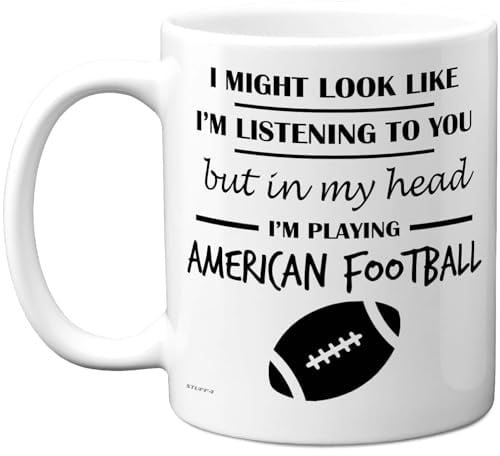 Stuff4 American Football, in My Head Mug | Funny Gift for American Football Lover Women and Men, 11oz Premium Ceramic Dishwasher Safe White Handle Mugs Novelty Cup
