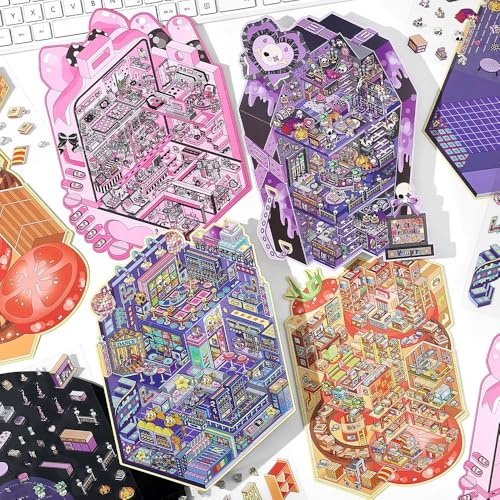 4 Sets Große Größe DIY Aufkleber Szene Buch für Erwachsene 3D Sticker Scene DIY 3D Haus Aufkleber Buch Miniatur Szene Sticker Therapie für Erwachsene Stresslinderung Die Zeit