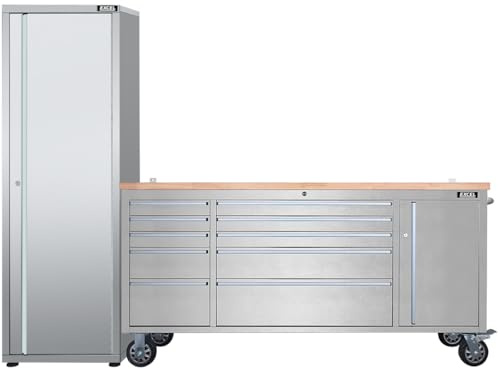 Excel 72 Stainless Steel Workbench Roller Tool Chest Cabinet with 10 Drawers & Tall Storage Cabinet, Heavy Duty Garage Tool Organizer