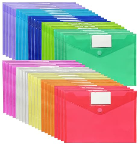 ReePlan 40 Pack A4 Plastic Wallets, 10 Assorted Colours Document Folder with Label Pocket & Velcro Seal - Waterproof Folders for Paperwork, Ideal for Workplace, Classroom, Household & Travel