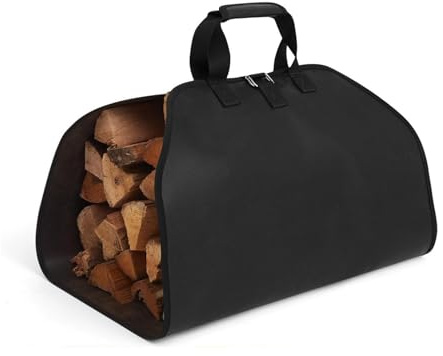 PAWBOSE Firewood Carrier Firewood Bag and Fireproof Fireplace Mat Hearth Rug, Great Gift for Cabin, Large Fire Wood Sling Carrier with Handles, Protect Floors Carpets from Sparks Embers-Black