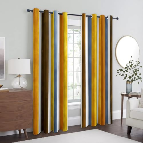 Vorhang Streifen Vintage Blickdicht, Vorhänge Vertikal Gestreift, Fenster Gardinen Schlafzimmer Wohnzimmer, Verdunklungsvorhänge mit ösen, Thermovorhang, 2er Set Curtains, H 220 x B 140 cm T37