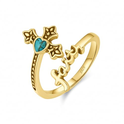 StoryEtain Glaube Liebe Hoffnung Ringe Silber 925 Verstellbarer Glaube Ring Türkis Damen Mädchen Frauen(Golden)