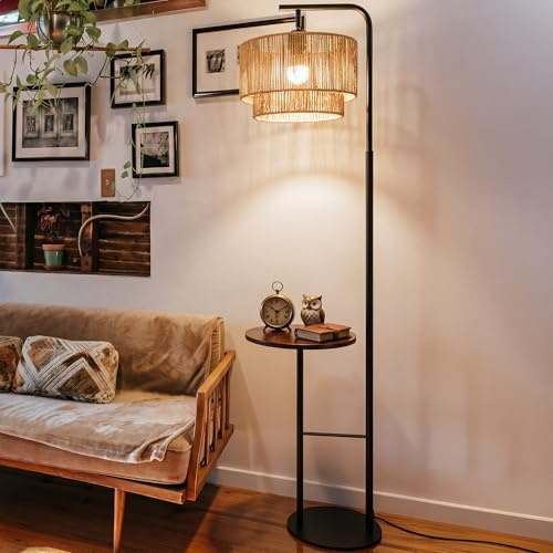 LuminexDesigns Stehlampe Wohnzimmer Rattan mit Ablage – Vintage Stehleuchte, E27 Standlampe Boho mit Verstellbar Lampenkopf, 3 Farbtemperaturen per Fußschalter, H170cm für Schlafzimmer WOVI FL12