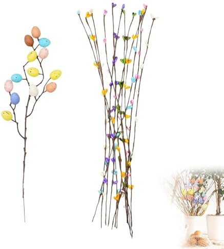 Anguxer Osterzweige Deko Set mit Bunten Eiern – 12 Frühlingszweige + 1 Eierzweig, Künstliche Osterdeko für Vase, Osterstrauch, Tischdeko Ostern, Frühlingsdeko Wohnzimmer, Pastell Ostereier Zweige