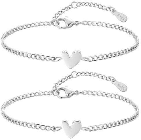 J.Fée 2 Stück S925 Armband Damen Gold, Silber Armband mit Herz, 18K Vergoldet Freundschaftsarmbänder Damen, Partner Armbänder Gold, 16.5+5cm, Verstellbare Wasserfest Armbänder Geschenke für Paar
