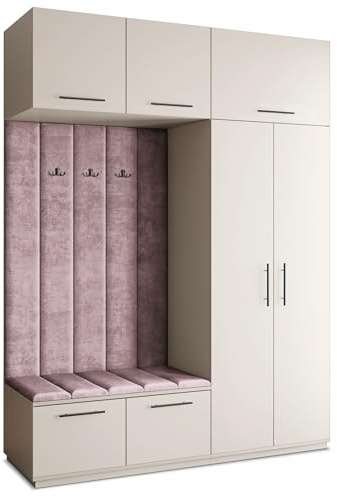Masseno Flugarderoben Set Rema, Kleiderschrank-Set mit Sitzbank, Garderobenschrank Flur mit 5 Regalböden, Kaschmir