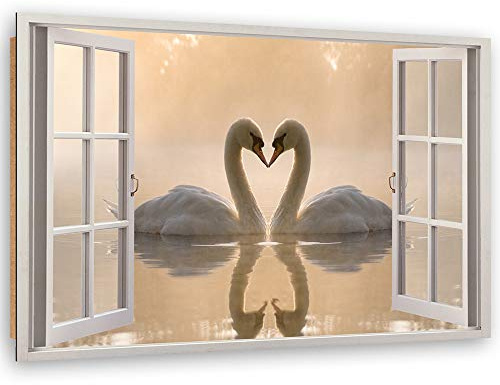 Feeby - Wandbilder Wohnzimmer 90x60 cm, Deko Paneel Bilder, Bilder für Schlafzimmer, Echter Gemalter Effekt, Moderne Wanddeko, Gemälde - Fensterblick, Schwäne - Rosa