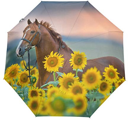 Regenschirm mit Pferde-Sonnenblumen, faltbar, Winddicht, Regen, automatischer Öffnung, Reise-Regenschirm, UV-Schutz für Frauen und Herren