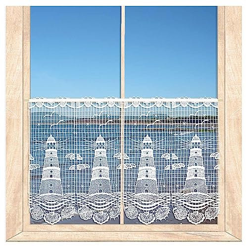 atelier alles-Spitze Maritime weiße Spitzen-Gardine mit Leuchtturm, Möwen und Muscheln – Vogtländische Luftspitze für EIN maritimes Flair | Höhe x Breite 40 x 64 cm