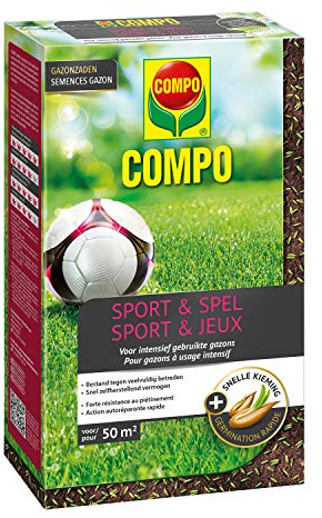 Compo Rasensamen für Sport- und Spielflächen | Widerstandsfähig bei intensiver Nutzung | Rasensamen 1kg für 50 m²