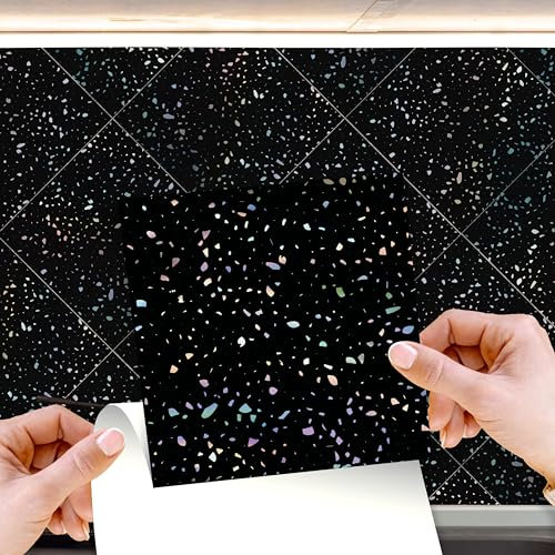 WALPLUS Terrazzo Lot de 96 autocollants muraux holographiques à paillettes pour cuisine, salle de bain Noir 15 cm
