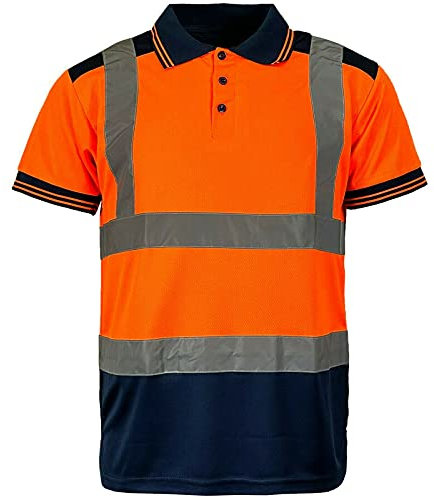 MyShoeStore Hi Viz Vis High Visibility Polo Shirt Reflective Tape Safety Security Work Button T-Shirt Breathable Lightweight Double Tape Workwear Top (Orange/Navy Short Sleeve, 3XL)