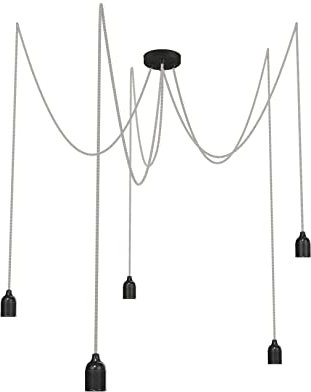 Relight Pendelleuchte 5-flammig Kraken (höhenverstellbar), E27 Lampenfassungen aus Bakelit, 5x 5 Meter Textilkabel Schwarz-Weiß Zick Zack