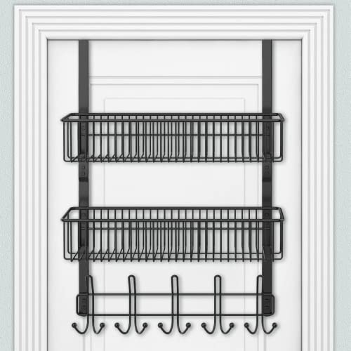 ENONCI Over The Door Hook Hanger 15 Shelf Organizer Hanger Hooks with Mesh Basket Storage Rack,Door Hooks for Hanging Coats,Black Wire Basket for Home Storage Organizer