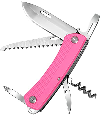 ZIMAIC Taschenmesser, Multitool Klappmesser, Vatertag Geschenk, Schweizer Messer Taschenwerkzeug (7 Funktionen, Einhand-Edelstahlklinge, Korkenzieher, Holzsäge) für Campen und Notfälle (Rosa)