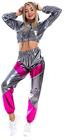 Odizli Jogginganzug Damen Set Glitzer Metallic 70er 80er 90er Jahre Outfit Langarm Kapuzen Bauchfrei Crop Top+Cargohose Jogginghose 2tlg Trainingsanzug Fitness Gym Workout Sportanzug Grau Rosenrot M