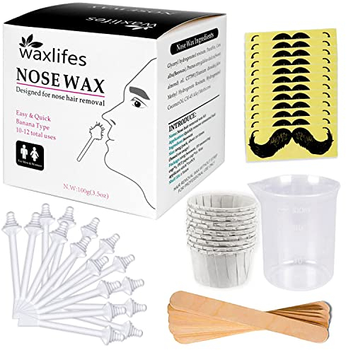 Nose Wax Kit Nasenhaar Wachs Haarentfernung Set für Männer und Frauen 100 g Nasenhaarwachs, 20 sicheren Spitzenapplikatoren, 10 Behältern und 10 Schnurrbart Schablonen Sicher, einfach, schnell