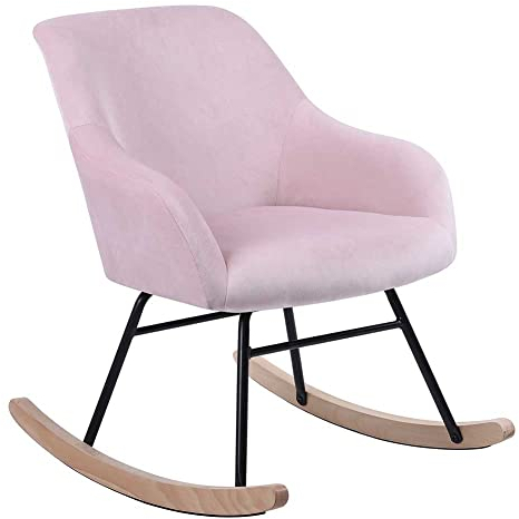 BAKAJI Schaukelstuhl Relax Haus Bezug aus Stoff Struktur Holz gepolstert Füße aus Metall Schaukelfuß Holz Größe 60 x 78 x 78 cm Modernes skandinavisches Design (Rosa)
